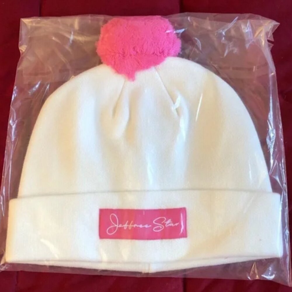 Exclusive JEFFREE STAR Winter White Beanie with Pink Pom Pom